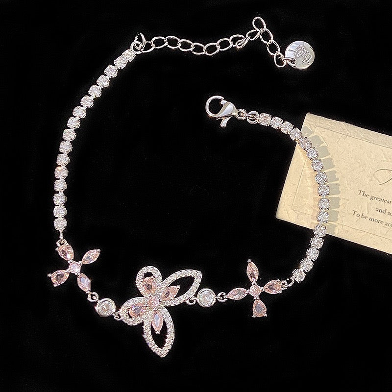 Pink zircon butterfly flower copper alloy bracelet