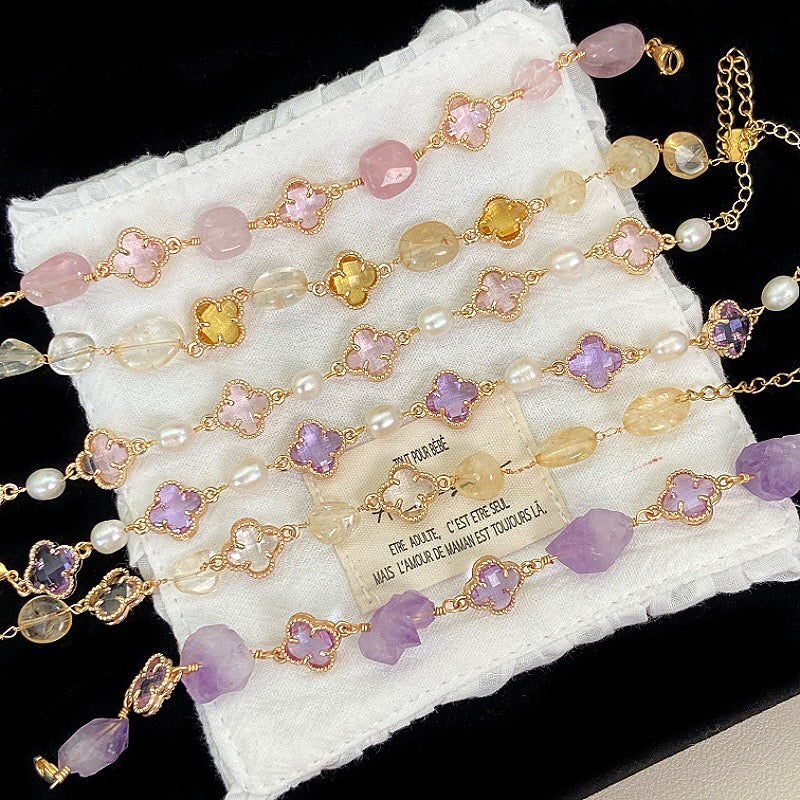 Natural freshwater pearl, amethyst, rose quartz, citrine, colored zircon, four-leaf clover, stacked copper alloy bracelet