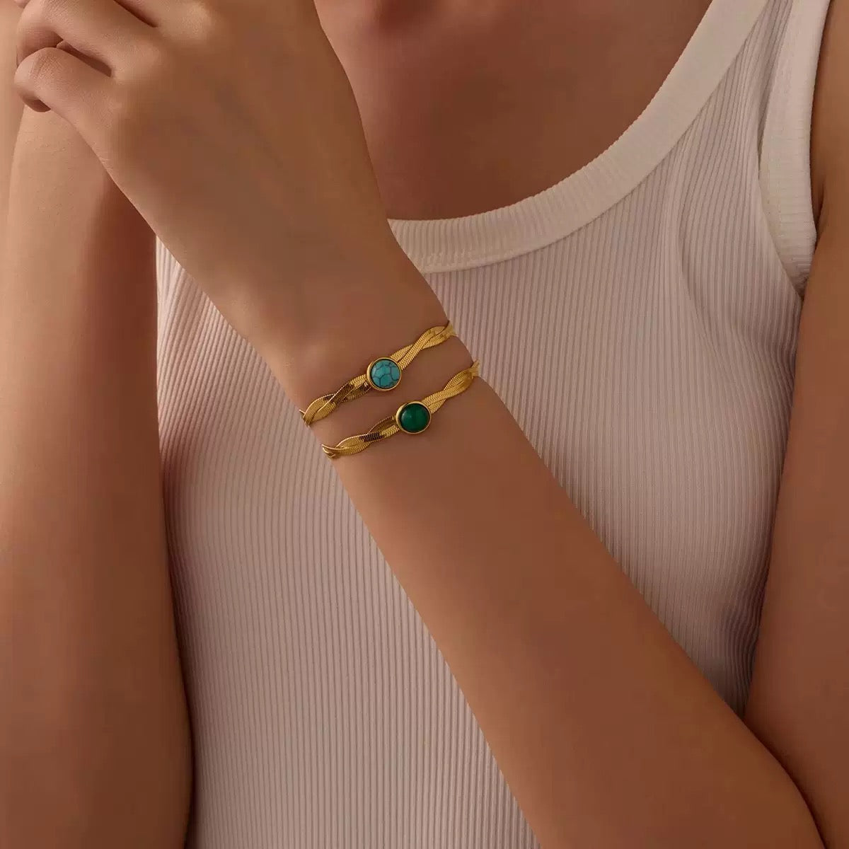 Versatile stainless steel flat snake chain braided bracelet inlaid with turquoise tiger tooth natural stone