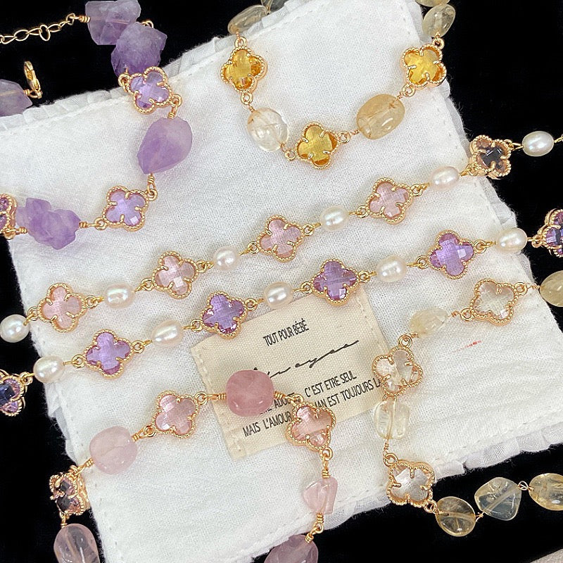 Natural freshwater pearl, amethyst, rose quartz, citrine, colored zircon, four-leaf clover, stacked copper alloy bracelet