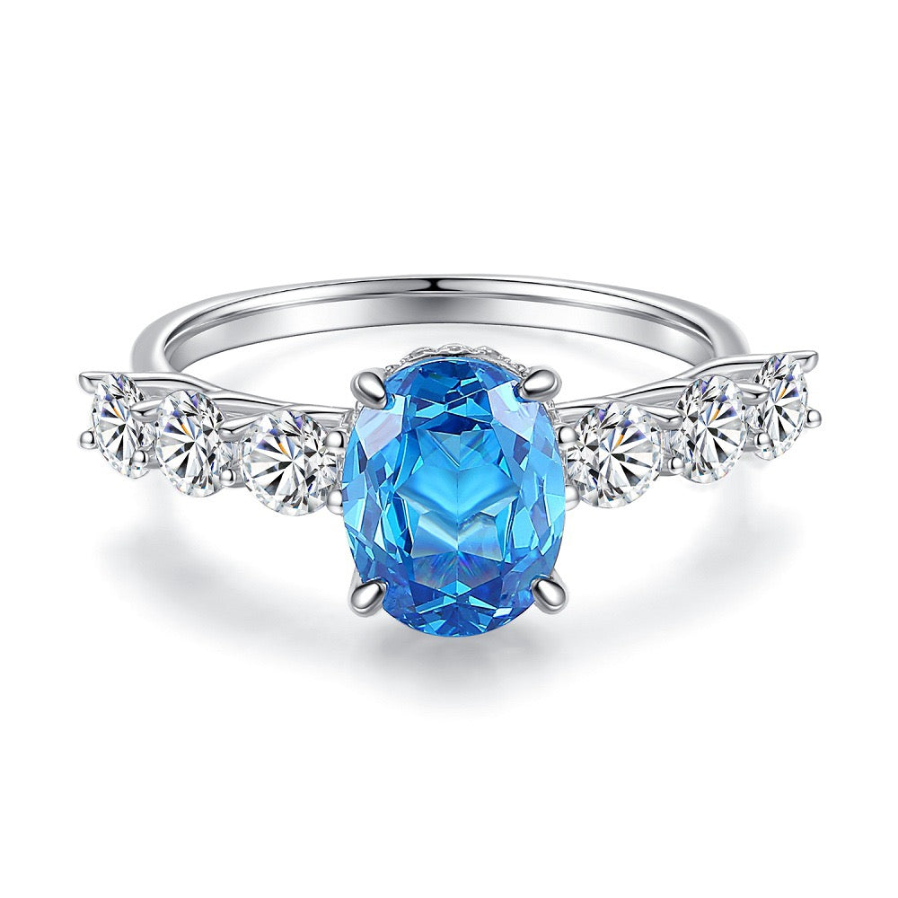 925 Sterling Silver Blue High Carbon Diamond Crush Ice Flower Ring