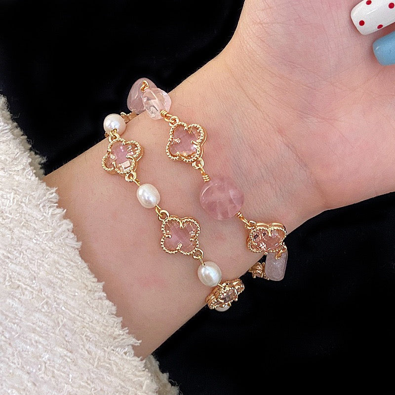 Natural freshwater pearl, amethyst, rose quartz, citrine, colored zircon, four-leaf clover, stacked copper alloy bracelet