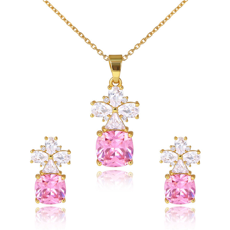 Colorful petal zircon copper alloy earrings and necklace two-piece set