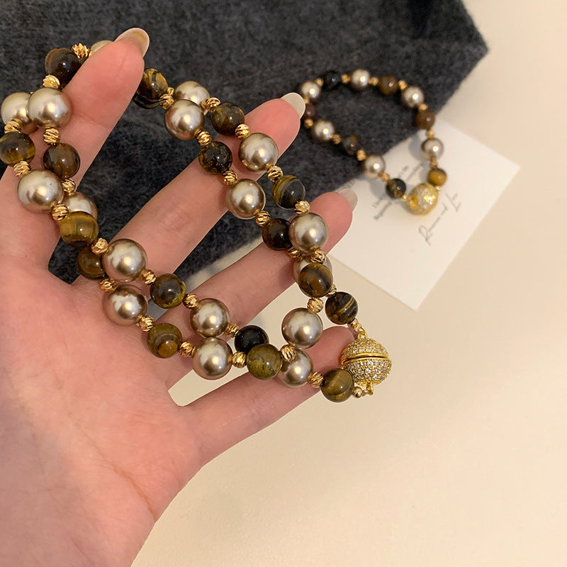 Maillard Tiger Eye Mocha Gold Brown Mixed Pearl Zircon Magnetic Copper Alloy Necklace