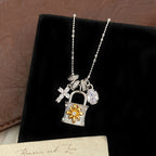 Vintage gold cross clasp lock pouch detachable copper alloy necklace