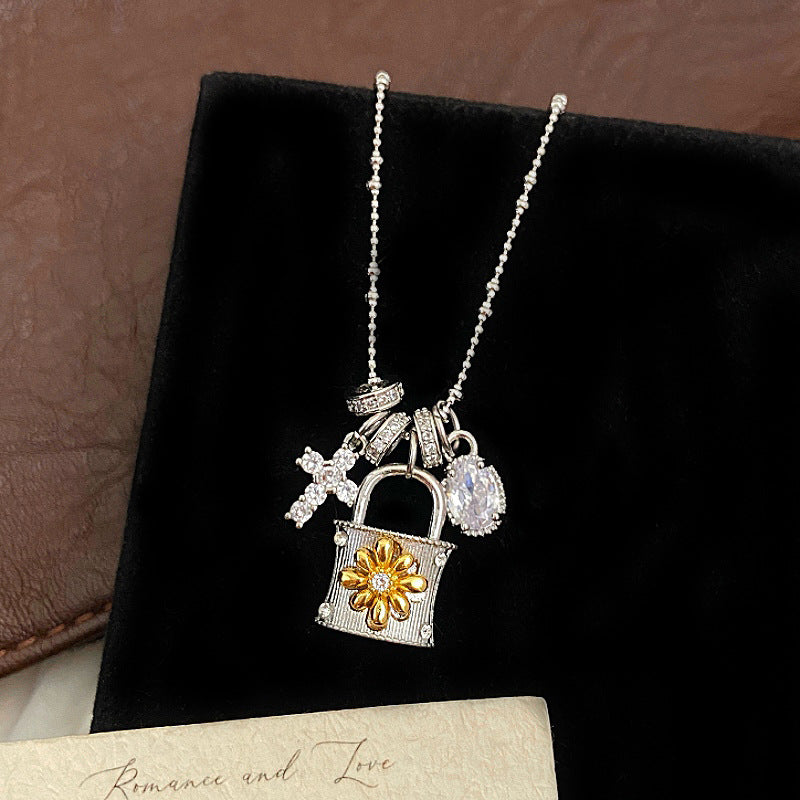 Vintage gold cross clasp lock pouch detachable copper alloy necklace