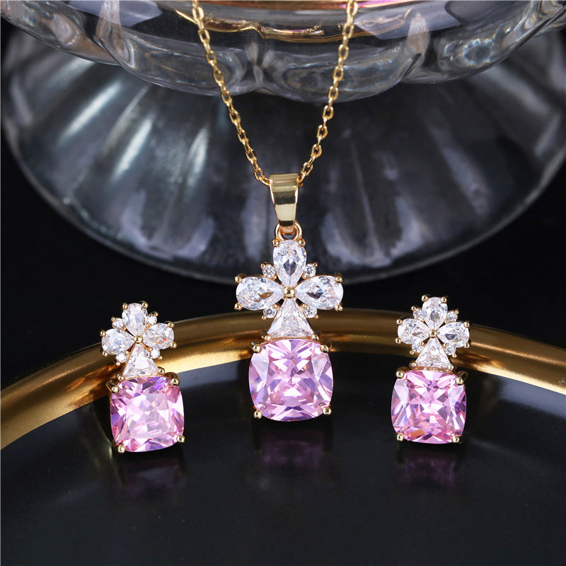 Colorful petal zircon copper alloy earrings and necklace two-piece set