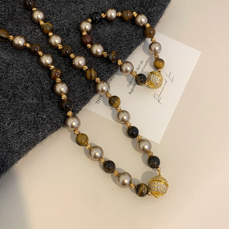 Maillard Tiger Eye Mocha Gold Brown Mixed Pearl Zircon Magnetic Copper Alloy Necklace