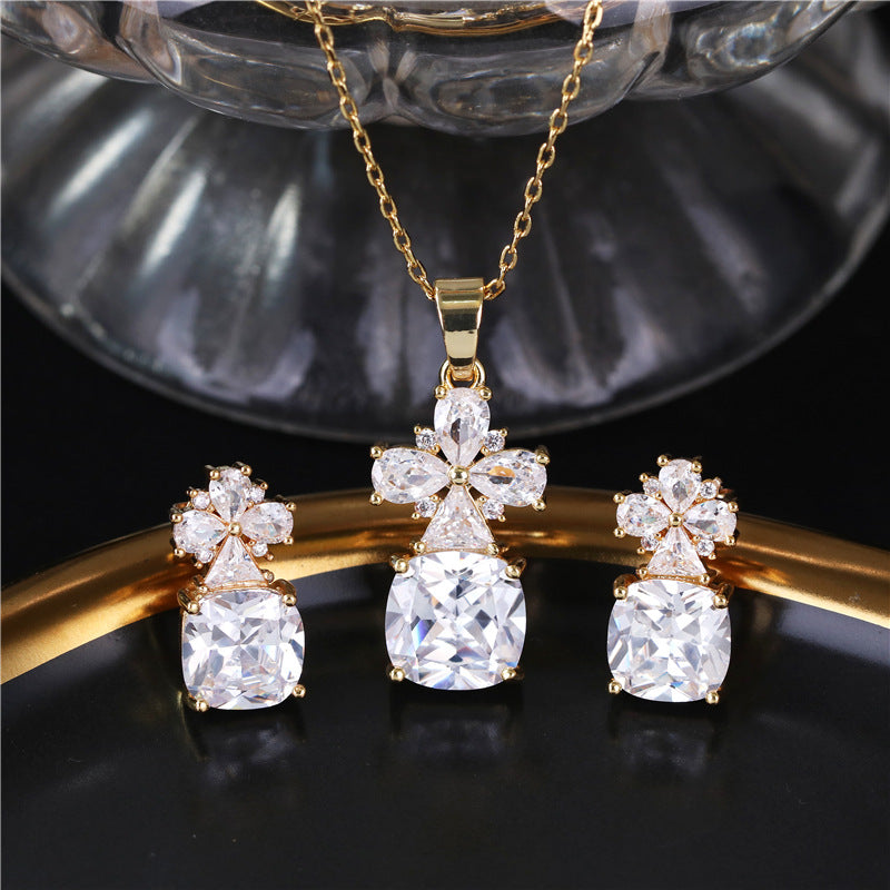 Colorful petal zircon copper alloy earrings and necklace two-piece set