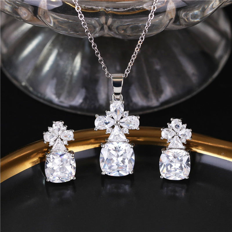 Colorful petal zircon copper alloy earrings and necklace two-piece set