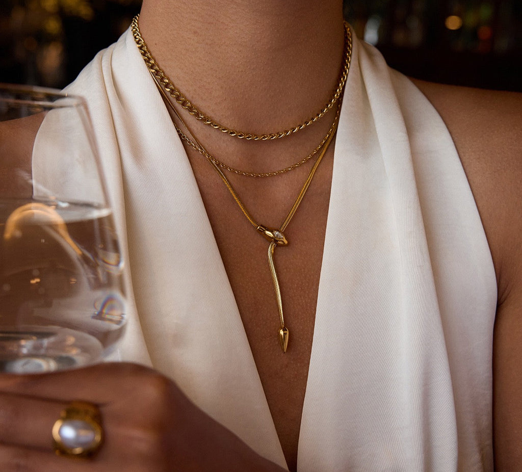 Zircon snake-shaped stainless steel stacked clavicle chain