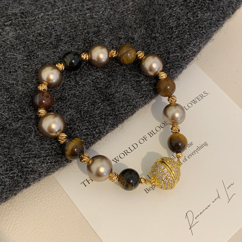Maillard Tiger Eye Mocha Gold Brown Mixed Pearl Zircon Magnetic Copper Alloy Necklace