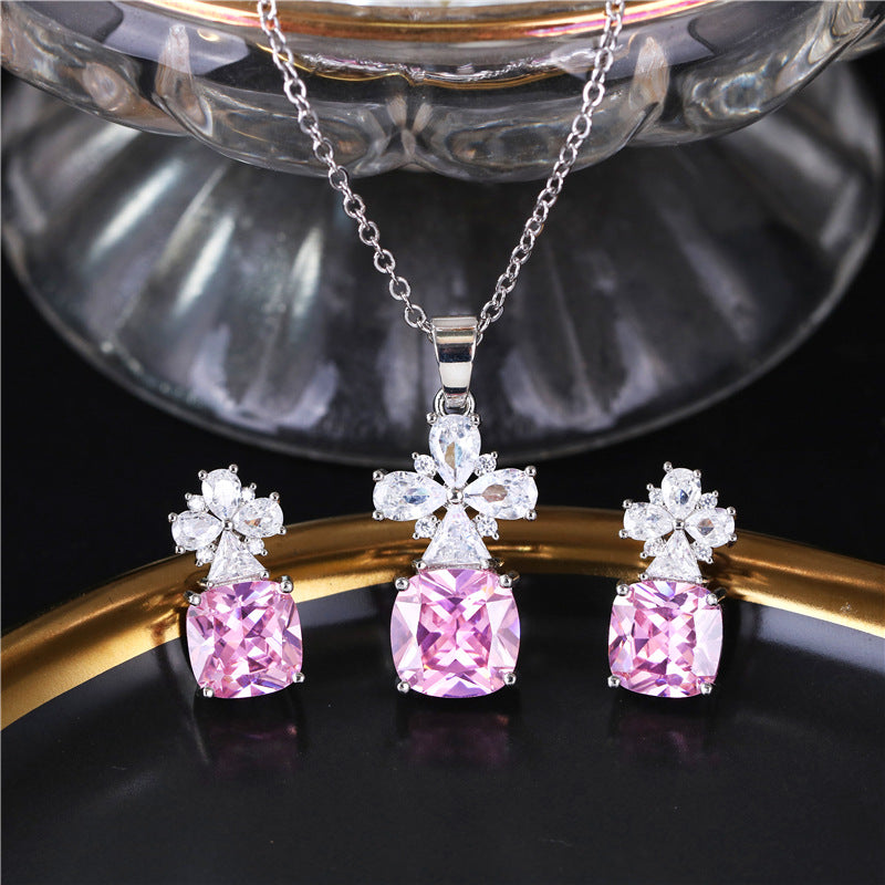 Colorful petal zircon copper alloy earrings and necklace two-piece set