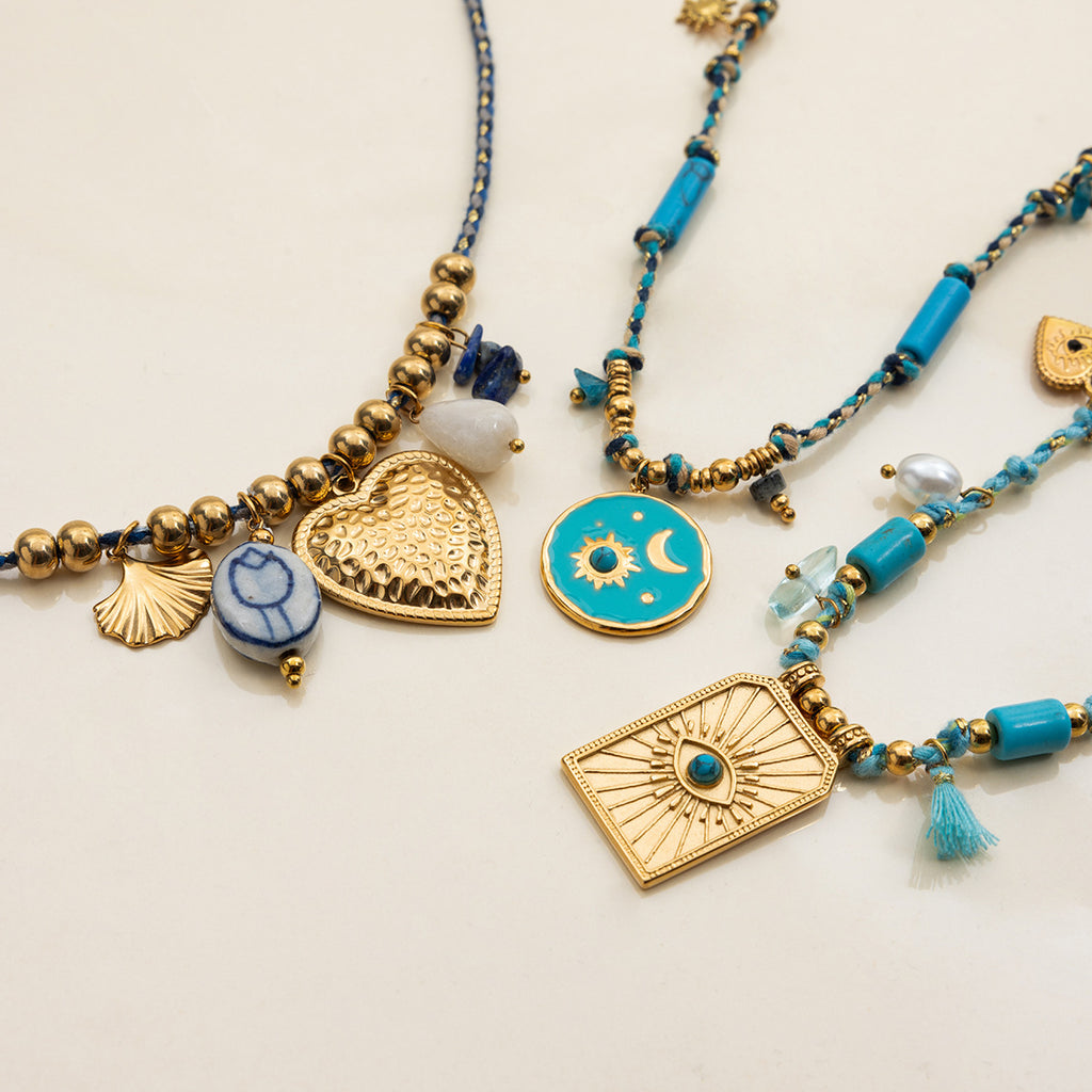 Turquoise natural stone titanium steel heart necklace