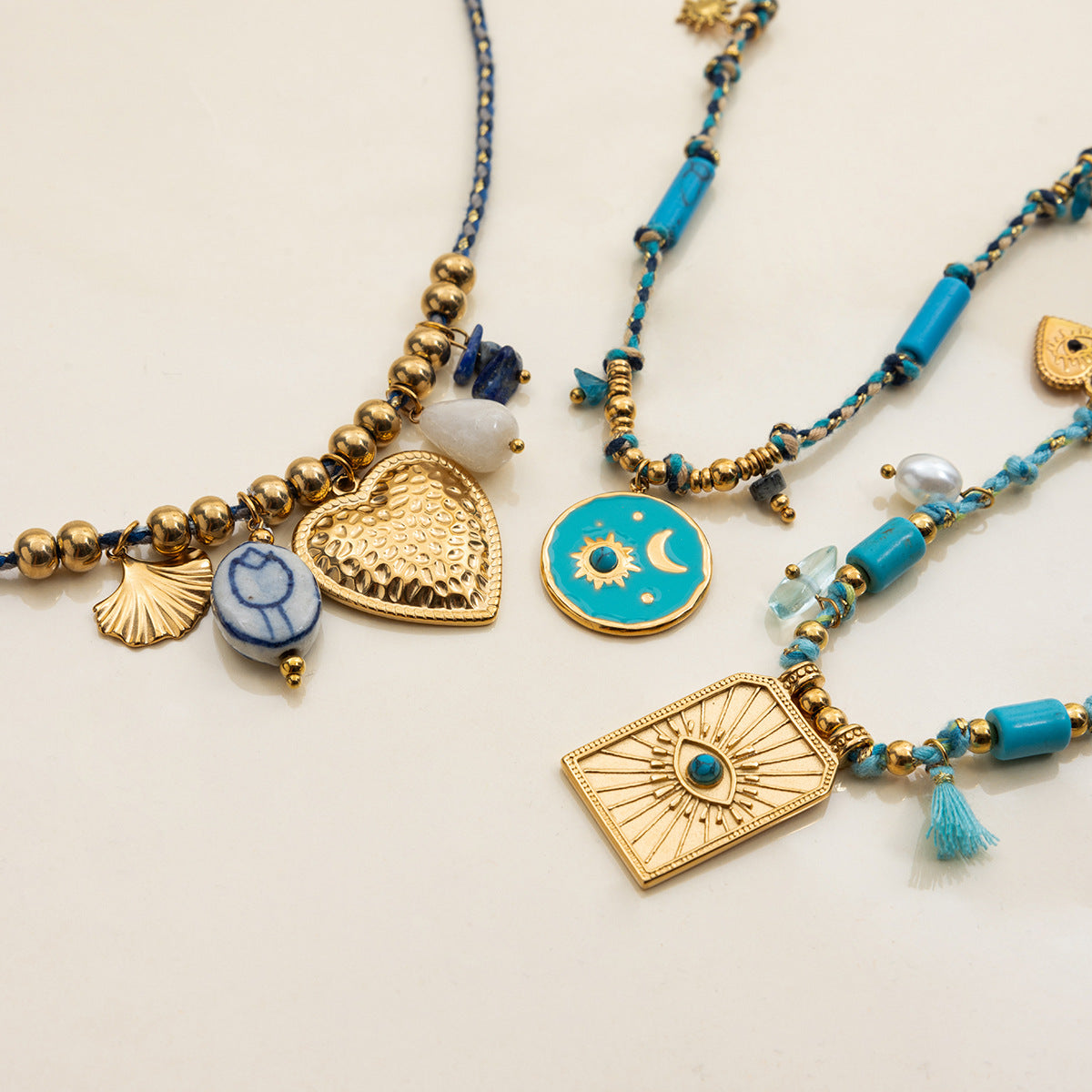 Turquoise natural stone titanium steel heart necklace