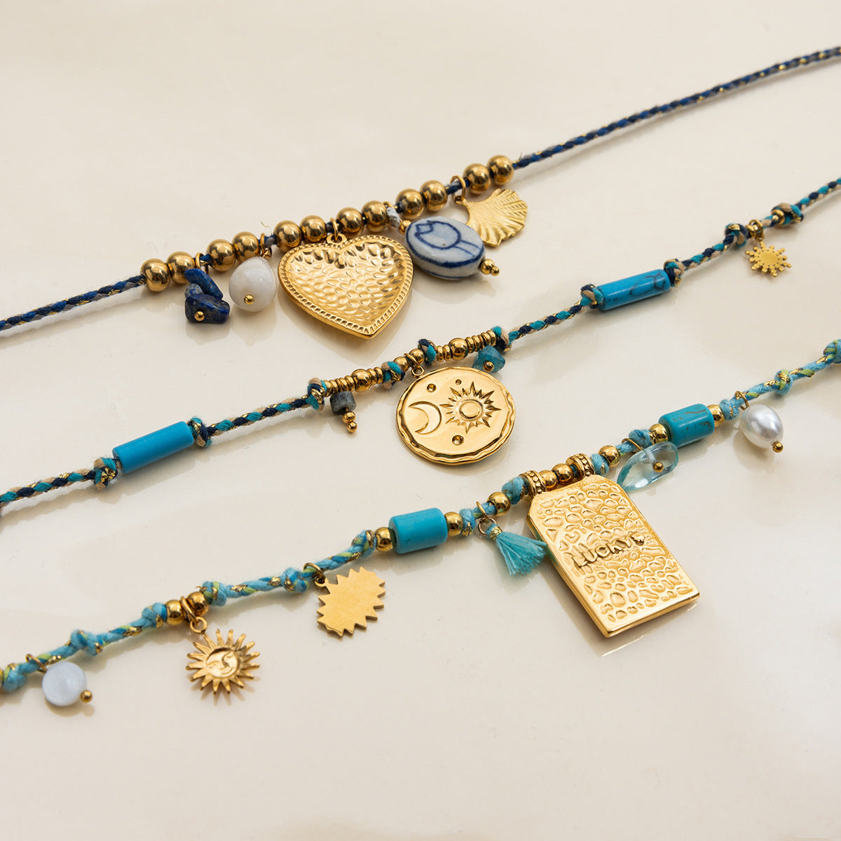 Turquoise natural stone titanium steel heart necklace