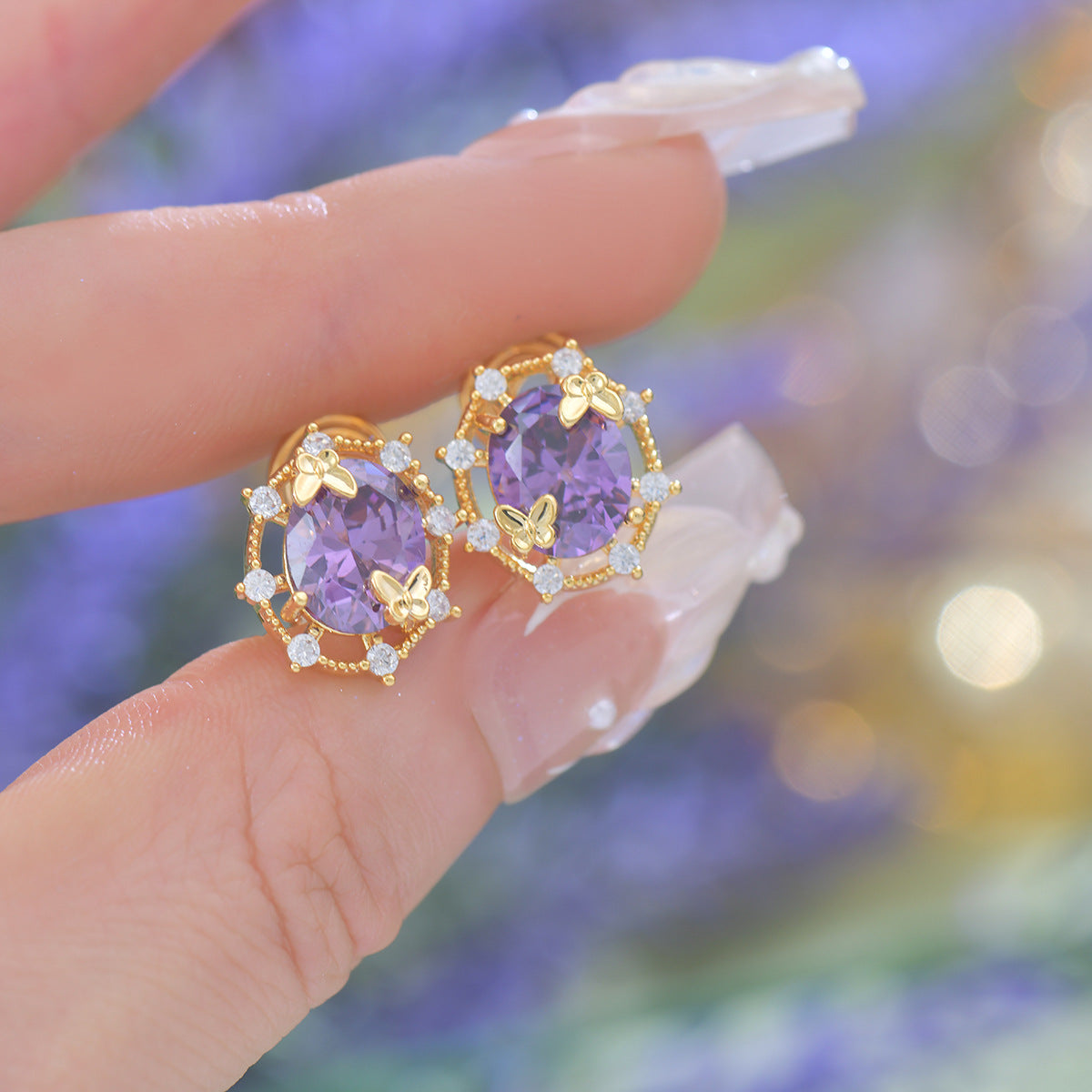 Purple zircon exquisite butterfly French light luxury copper alloy set