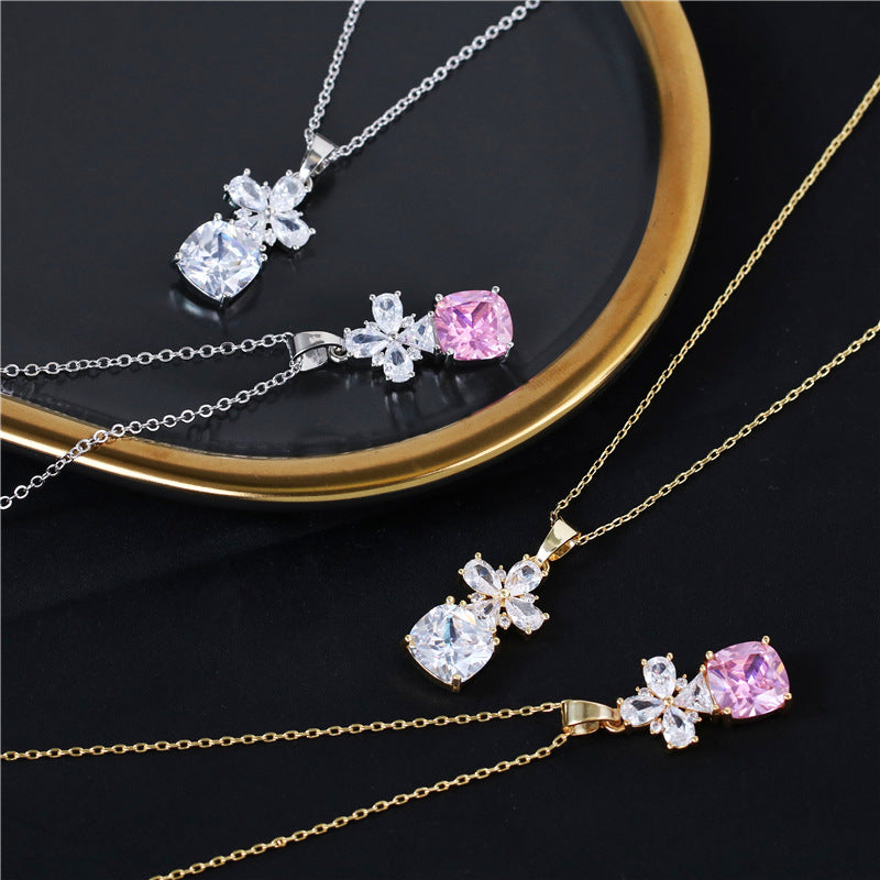 Colorful petal zircon copper alloy earrings and necklace two-piece set