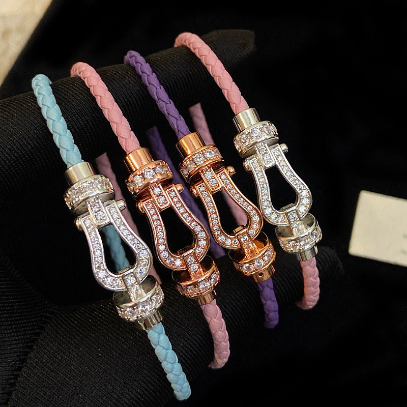 Fully diamond zircon leather braided rope magnetic horseshoe buckle copper alloy bracelet