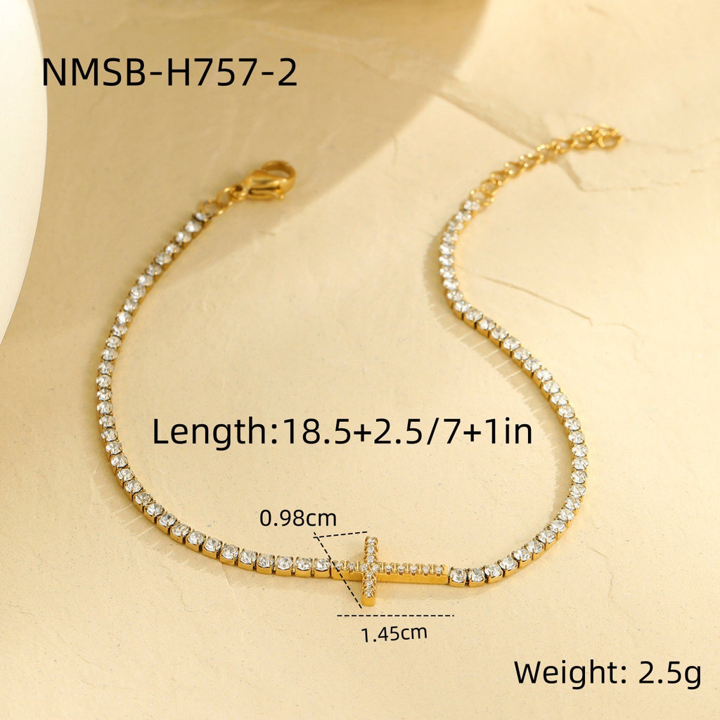 Cross-shaped diamond-encrusted stainless steel bracelet that won't fade.