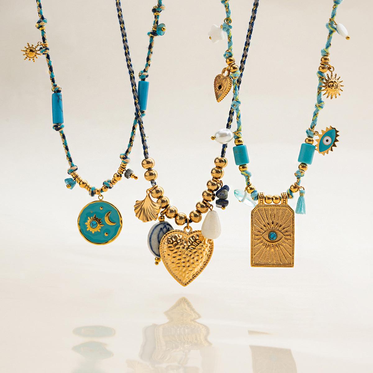 Turquoise natural stone titanium steel heart necklace