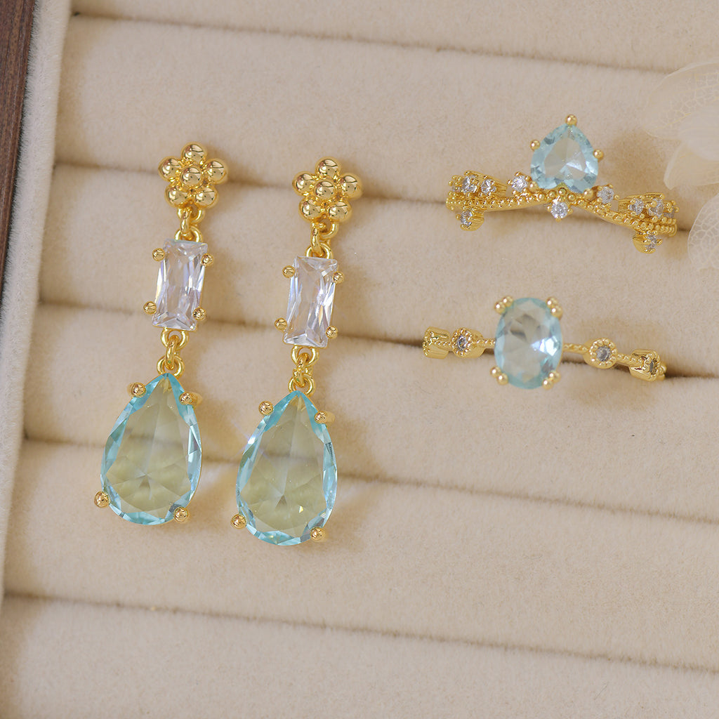 French-style teardrop-shaped, exquisite, light luxury sea blue long copper alloy earrings