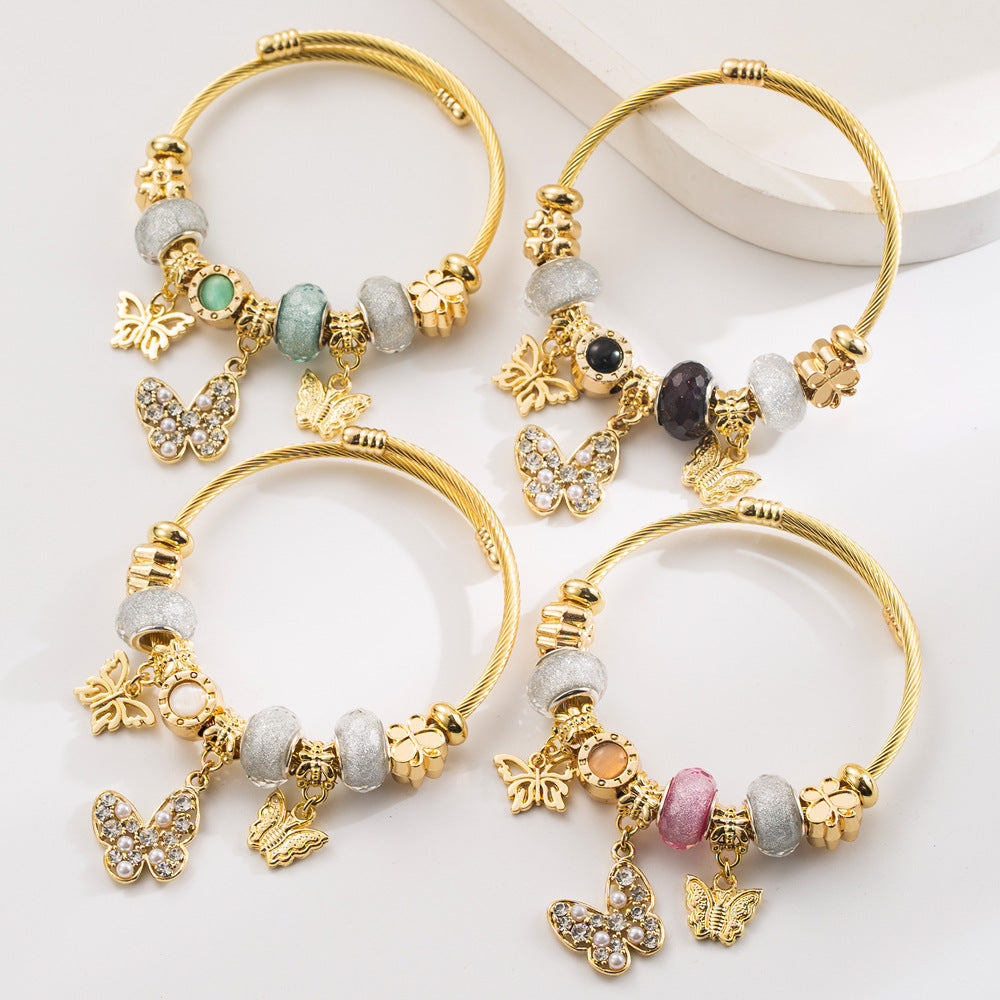Vintage Gold Stainless Steel Beaded Butterfly Bracelet