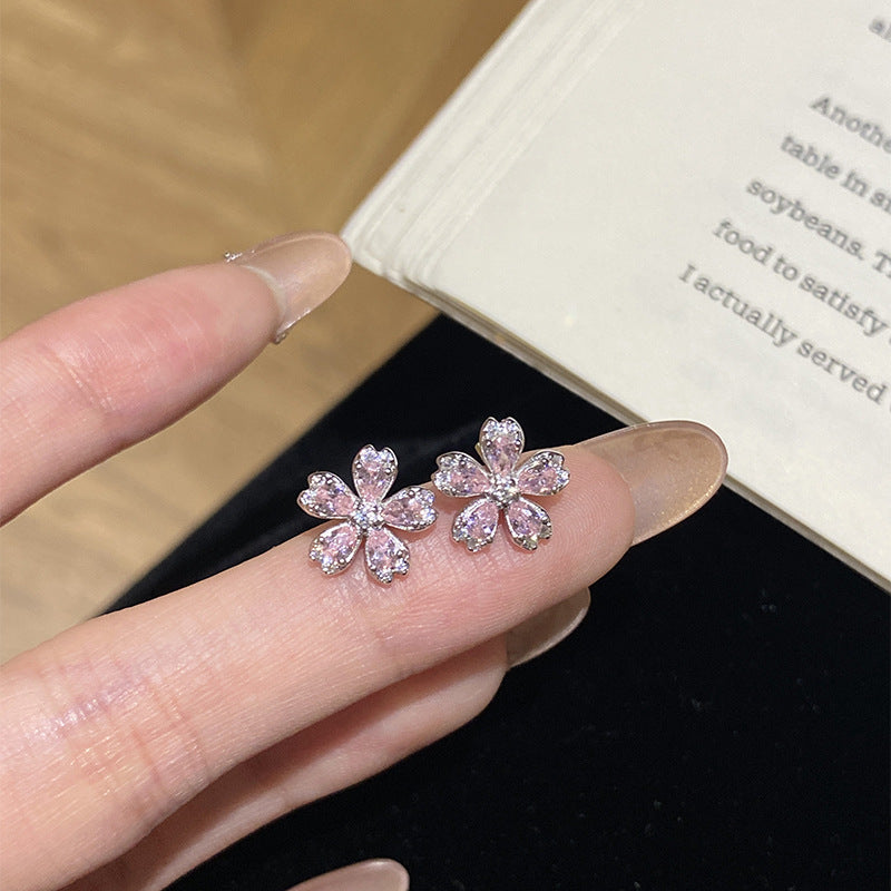 925 Sterling Silver Pink Diamond Five-Petal Cherry Blossom Earrings