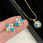 Turquoise four-leaf clover pearl micro-pave zircon copper alloy necklace