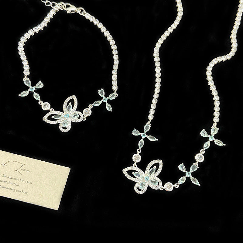 Blue zircon butterfly and flower super sparkly full diamond copper alloy bracelet