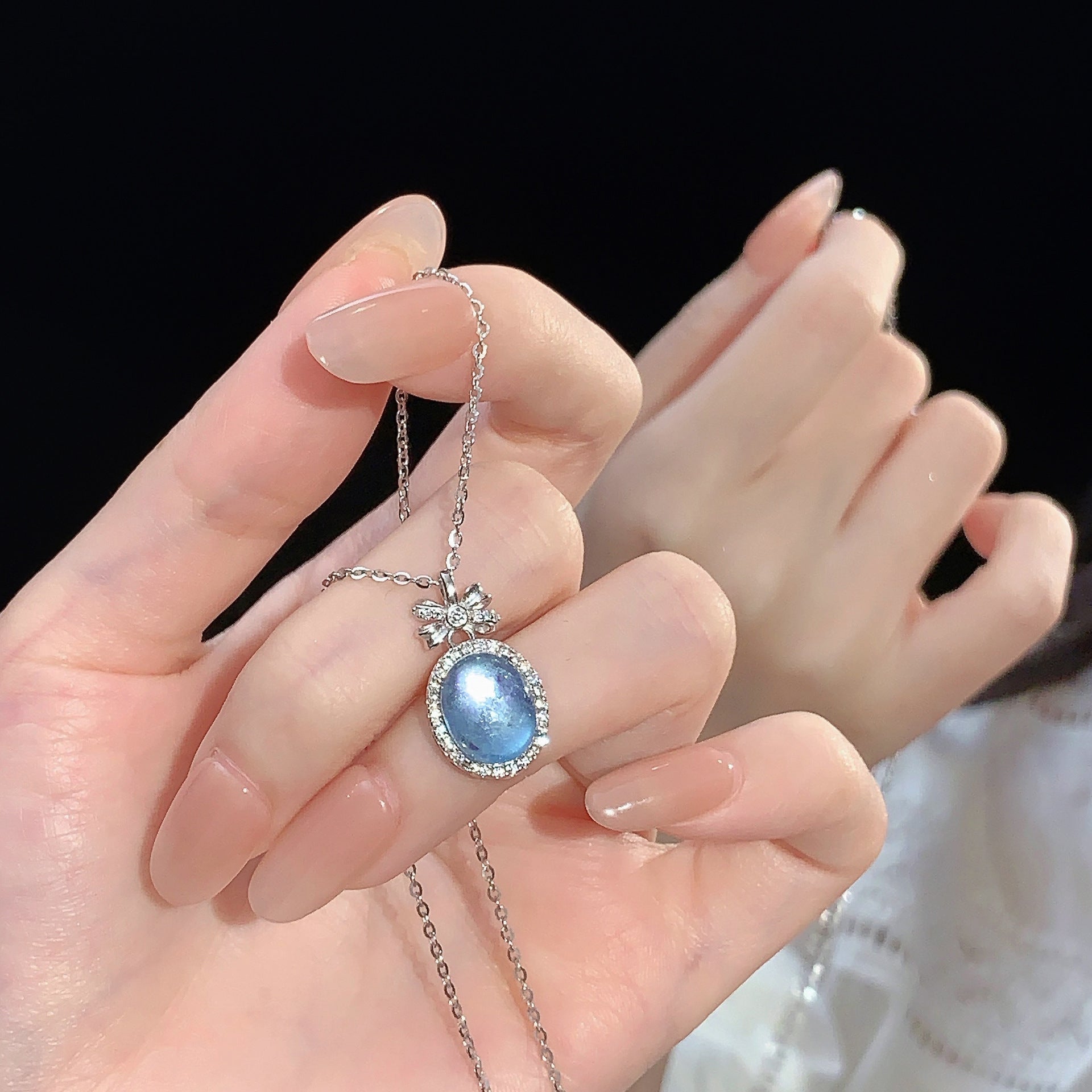 925 Sterling Silver Princess Aquamarine Bow Necklace