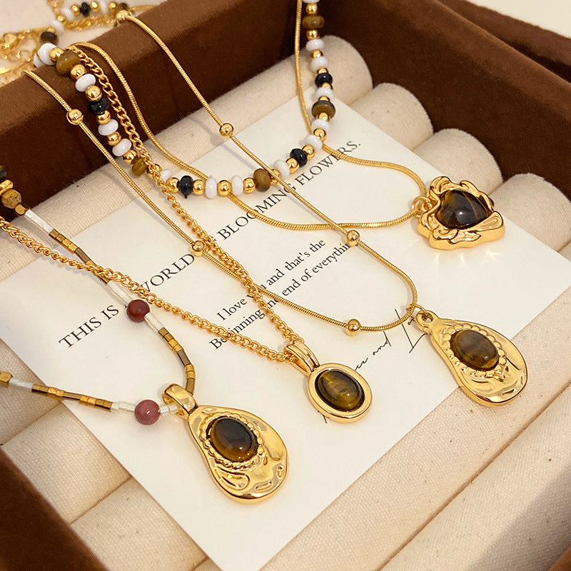 Maillard color natural tiger's eye pendant copper alloy necklace