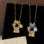 Vintage gold cross clasp lock pouch detachable copper alloy necklace