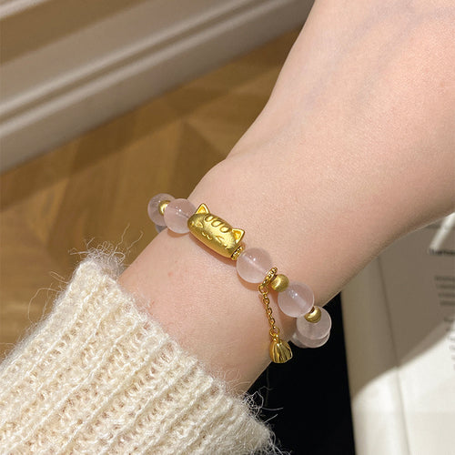 925 silver baguette cat lotus tassel powder crystal bracelet