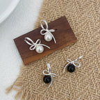 925 Sterling Silver Simple Imitation Pearl Bow Black Agate Earrings