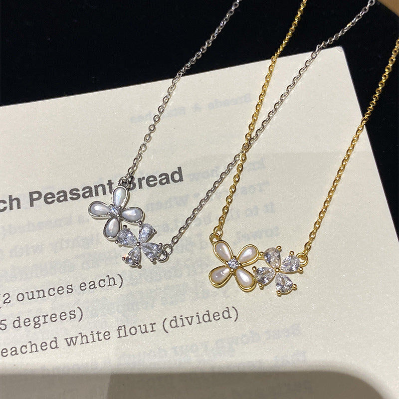 925 Sterling Silver Diamond Flower and Shell Necklace