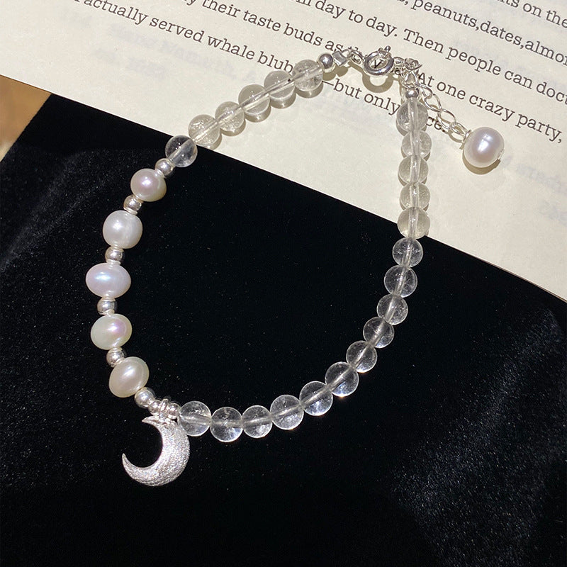 925 Sterling Silver Natural White Crystal Freshwater Pearl Moon Bracelet