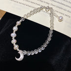 925 Sterling Silver Natural White Crystal Freshwater Pearl Moon Bracelet