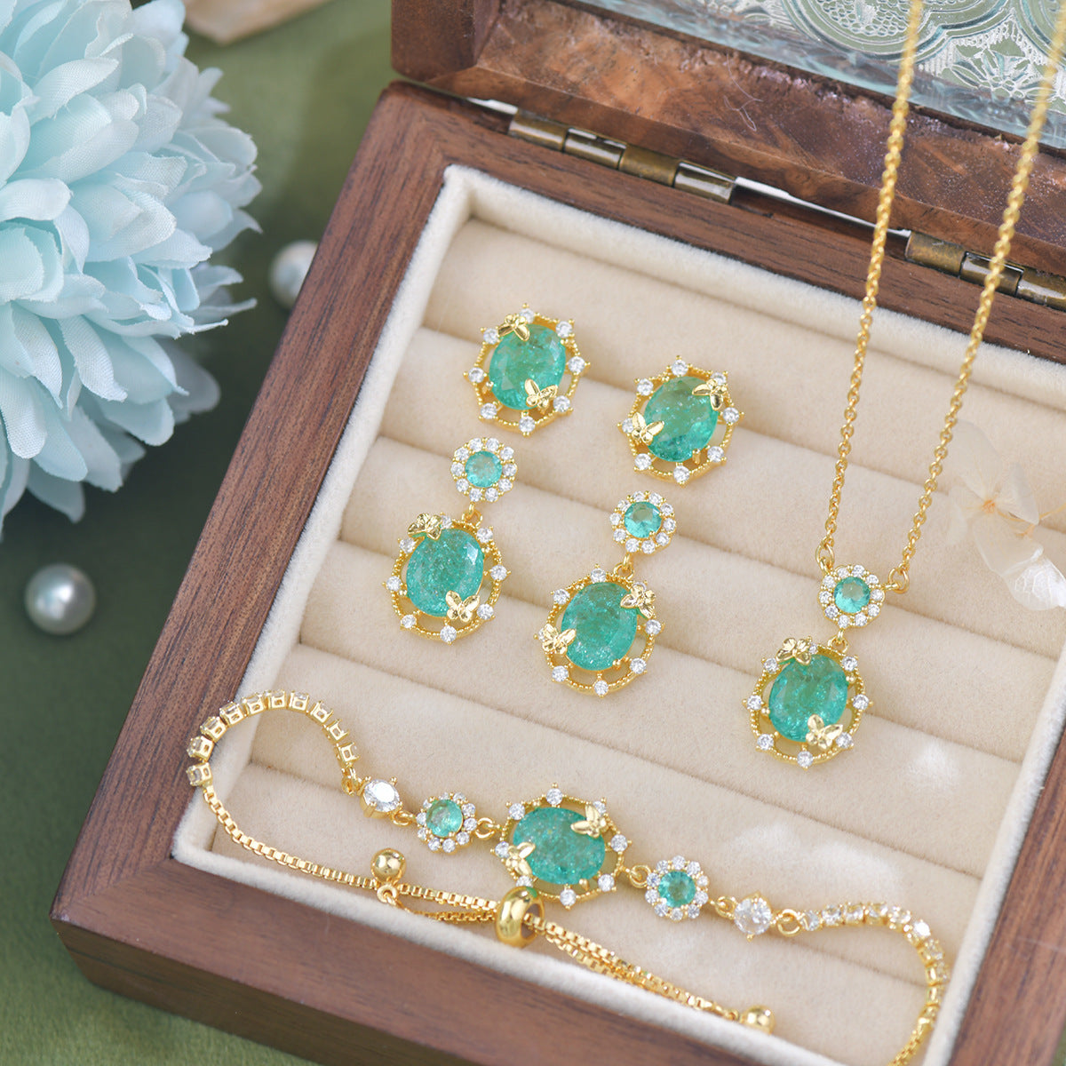 Ice Flower Zircon Lake Blue Butterfly French Copper Alloy Set