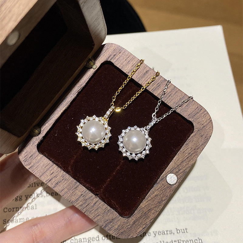 925 Sterling Silver Sunflower Imitation Pearl Zirconia Necklace
