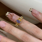 Bauhinia flower purple diamond-set copper alloy ring