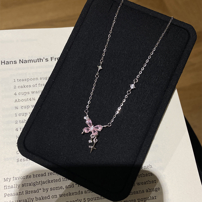 925 Sterling Silver Sweet Butterfly Pink Diamond Star Tassel Necklace