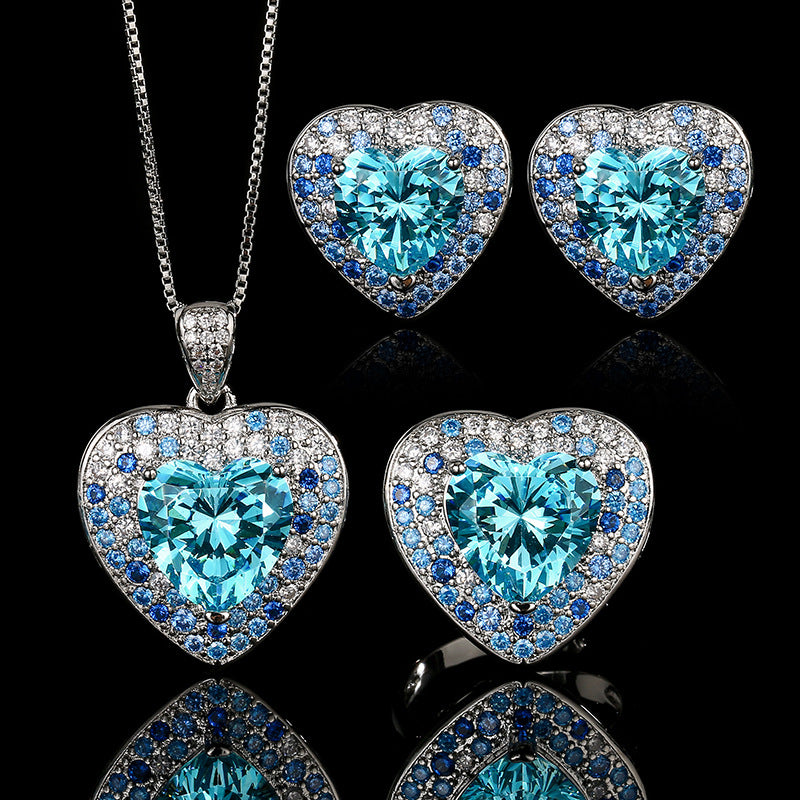 Classic Ocean Heart Inlaid Blue Zircon Copper Alloy Set