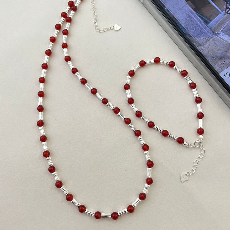925 Sterling Silver Bamboo-Shaped Red Agate Beaded Necklace and Bracelet