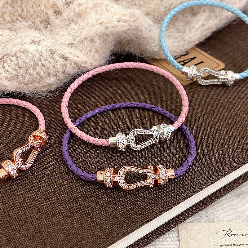 Fully diamond zircon leather braided rope magnetic horseshoe buckle copper alloy bracelet