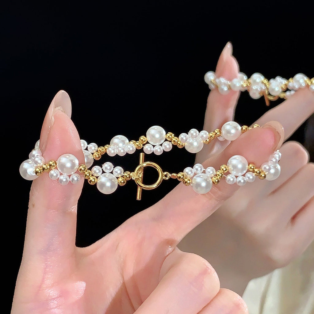 925 Sterling Silver Round Imitation Pearl Hand-woven OT Clasp Bracelet