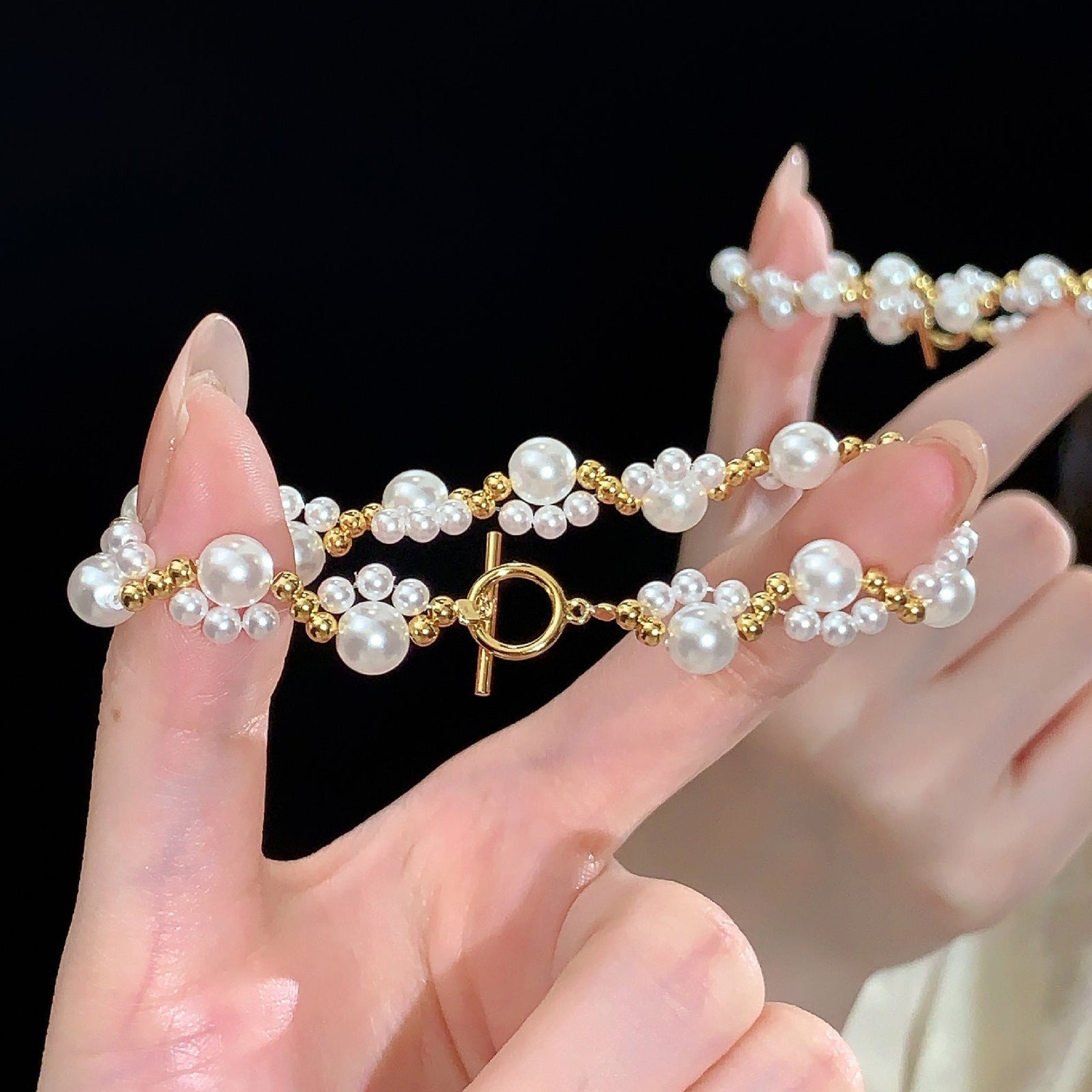 925 Sterling Silver Round Imitation Pearl Hand-woven OT Clasp Bracelet