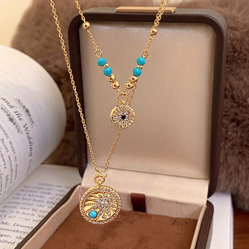 Double-layered round pendant micro-set zircon turquoise beaded copper alloy necklace