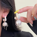 Brushed silver pearl bow lace earrings