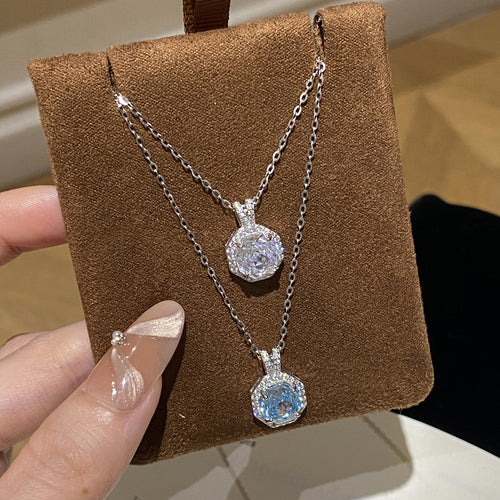 925 Sterling Silver Octagonal Rose-Cut Aquamarine Rose Zirconia Necklace